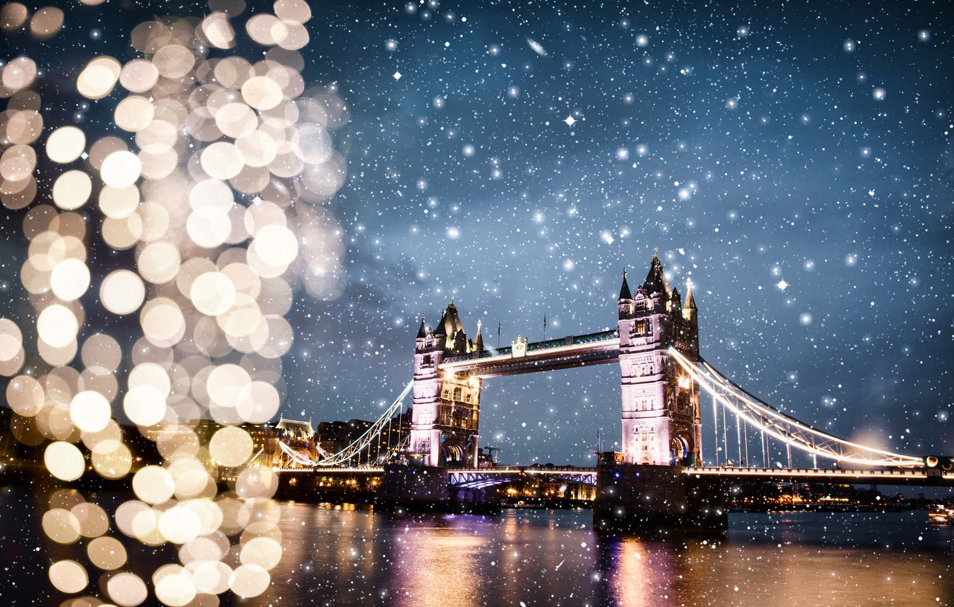 tower bridge in the winter twighlight with snow