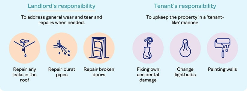 Landlord's responsibility is to repair when needed. Tenant's responsibility is to upkeep property.