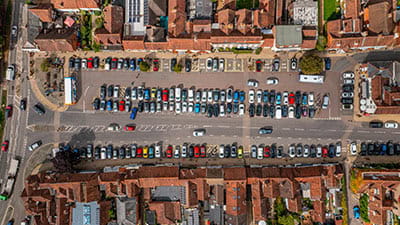 Aerial photo from a drone of an English village square in Wickham, Hampshire, UK.