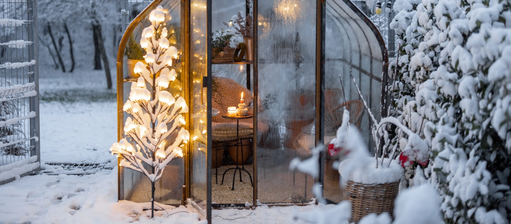 A greenhouse in a snowy garden with an illuminated Christmas tree outside and a cosy seated area within