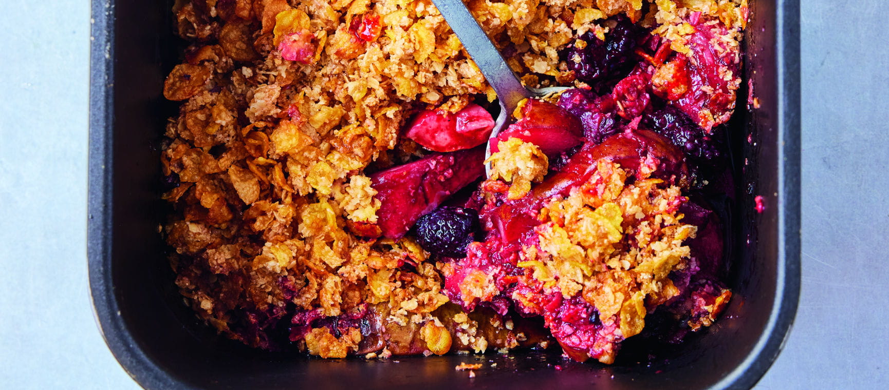 a close up of Jamie oliver's crumble in an air fryer