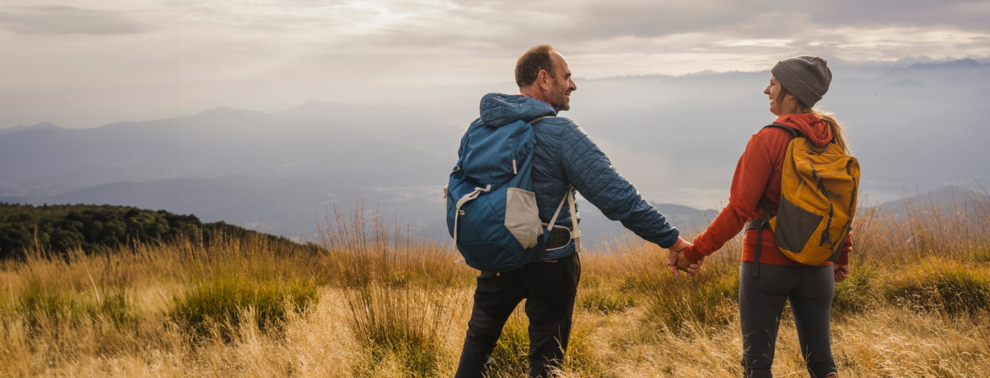 A couple holding hands while looking out on a view from the top of a hill